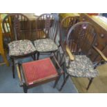 A set of four elm seated stick back dining chairs, together with a mahogany piano stool