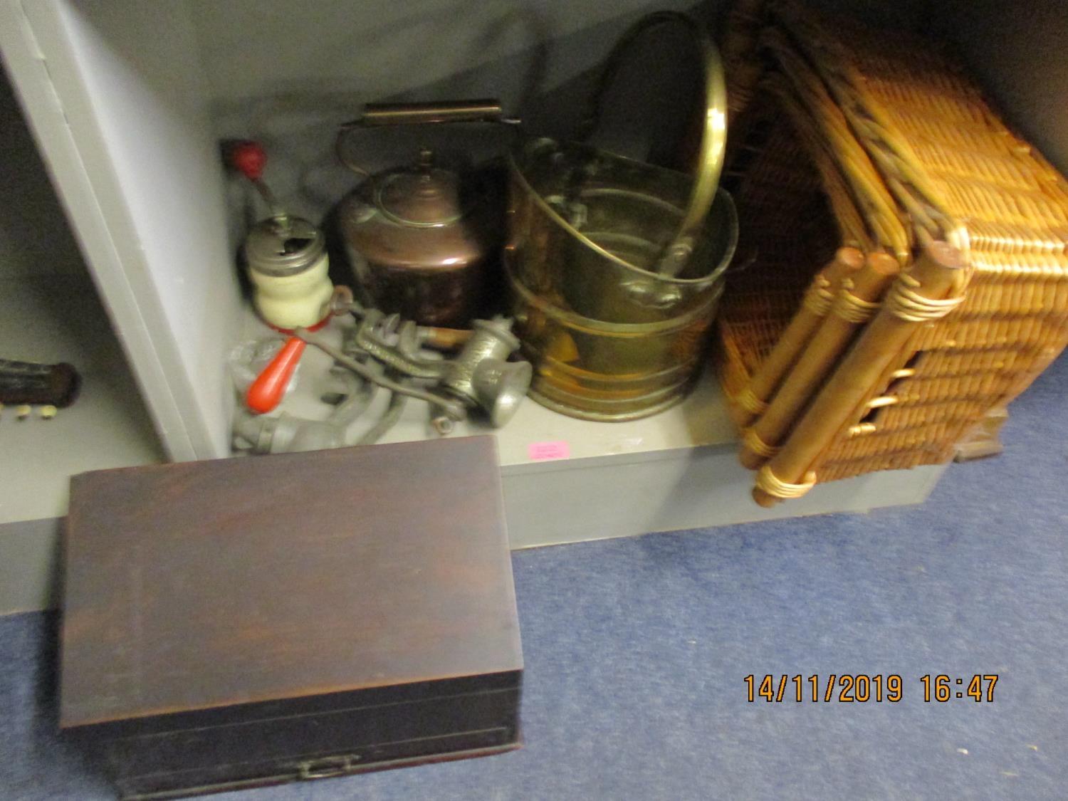 Metalware to include a Victorian copper kettle, scales, Kitchenalia, a mahogany letter rack and - Image 3 of 3