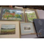 Juliette Palmer - Cottages in Cookham, local artist, two watercolours mounted in modern yellow metal