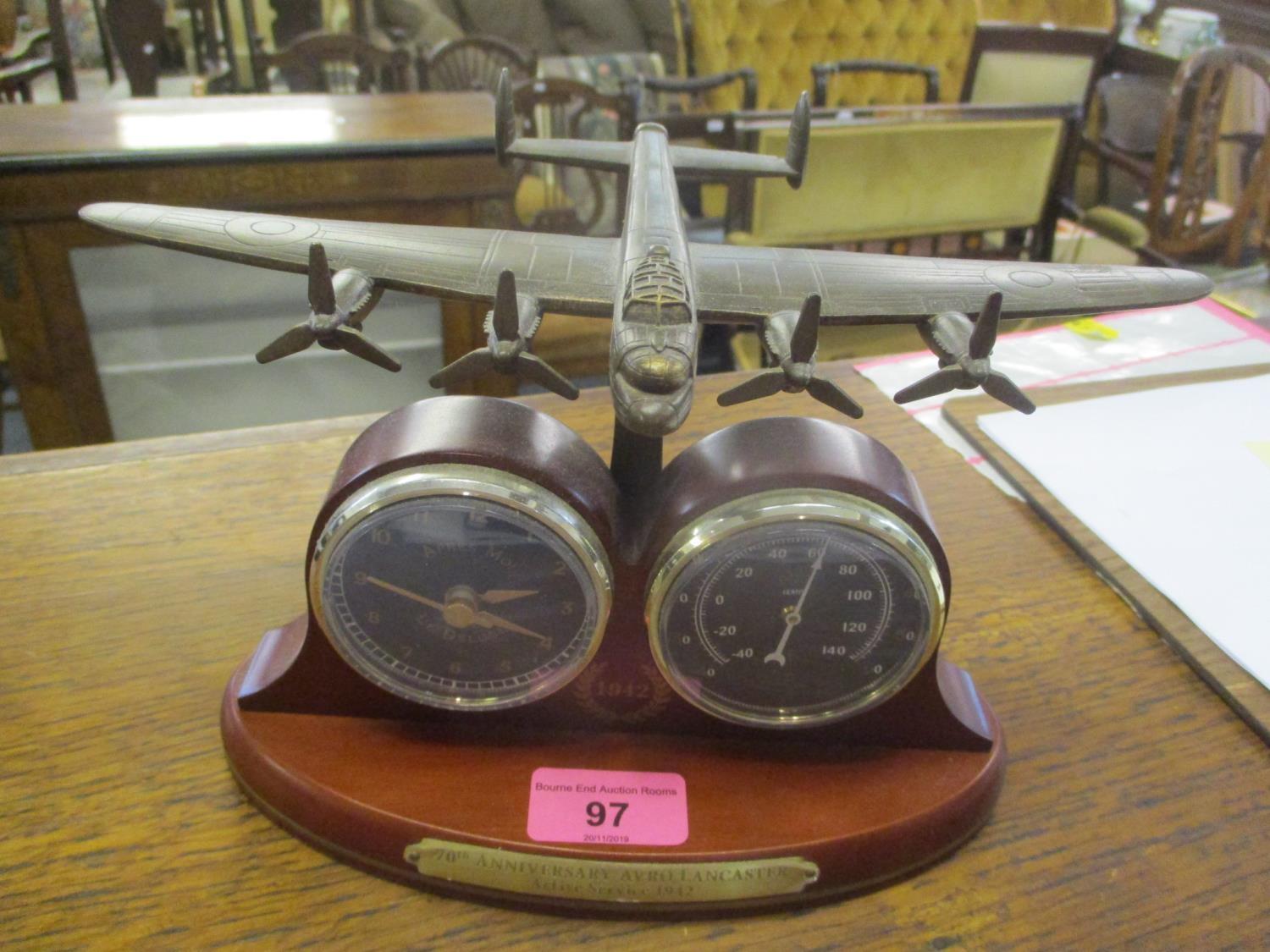 A 70th Anniversary Avro Lancaster plane desk clock and barometer, 6"h x 9"w