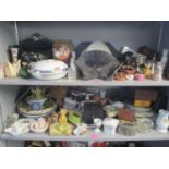 A mixed lot to include a glass bell sand paperweight, papermache desk stand, Brownie camera, mixed