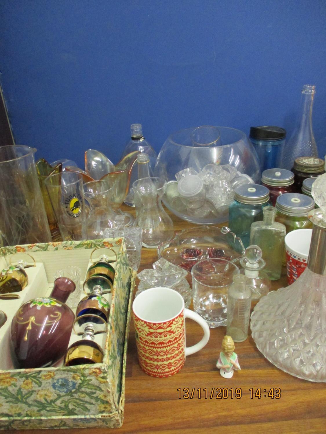 Glassware and ceramics to include a lacquered set, a decanter, vases, bowls and other items