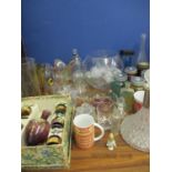 Glassware and ceramics to include a lacquered set, a decanter, vases, bowls and other items