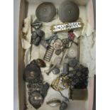 A box of jewellery to include silver thimbles, a French buckle, a tartan-ware egg, a 9ct gold