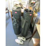Two Mitsubishi golf bags containing Ryder, Ben Sayers, Yonex and other gold clubs, along with a pair