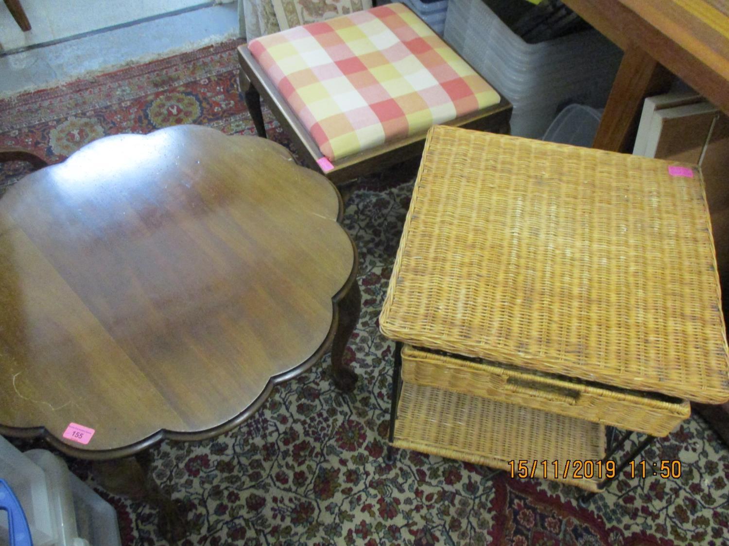 An early 20th century flower shaped and low mahogany occasional table, together with a modern rattan