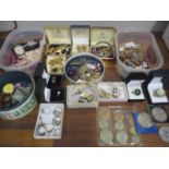 A quantity of costume jewellery to include silver rings, RAF wing brooch, watches and mixed coins