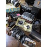 Vintage cameras to include a Nikkormat and an Agfa Isolette with camera accessories and mixed lenses