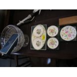 A cut glass bowl on a pedestal foot, Minton Haddon Hall and other boxed ceramics, along with a