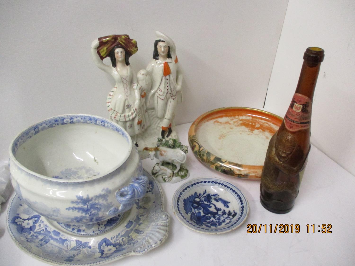 19th Century and later ceramics to include a Delft dish, Staffordshire figures and other items