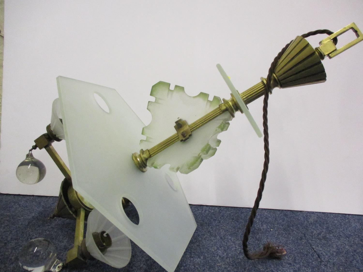 An Art Deco brass frosted clear and green glass lamp/chandelier with a brass stem and branches - Image 2 of 2