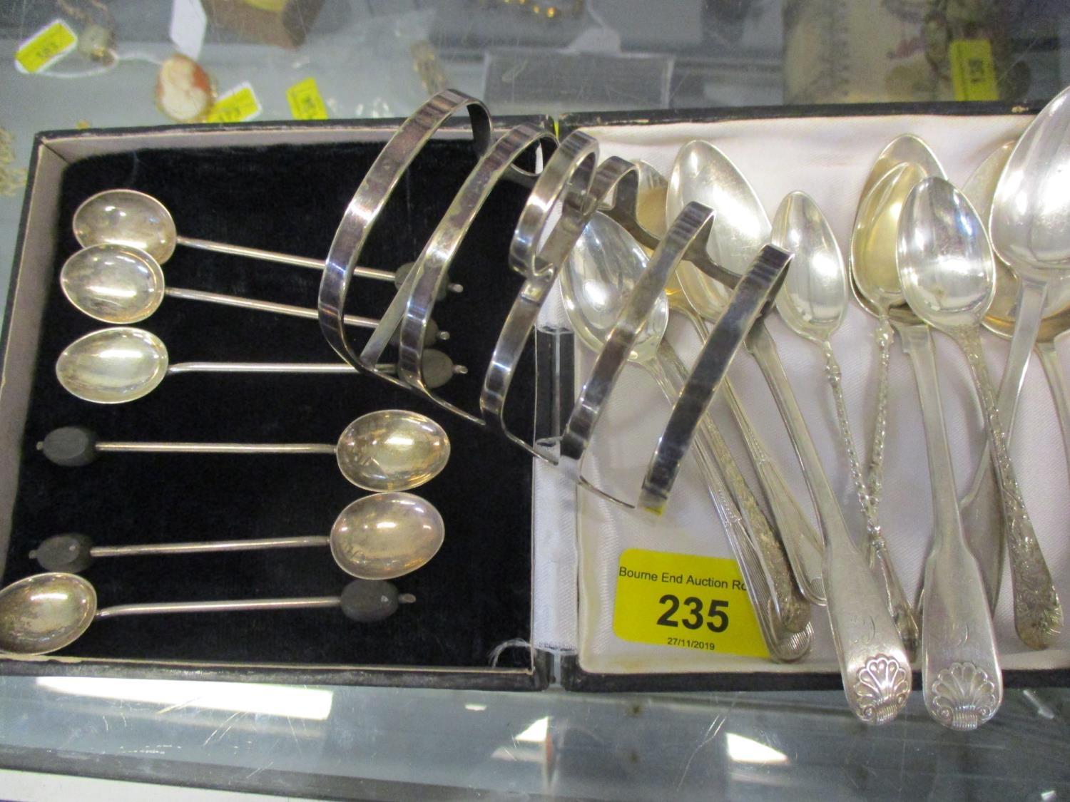 Mixed silver and white metal teaspoons to include bean spoons, together with a small silver toast