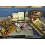 A quantity of silver plated cutlery and other items to include a walnut cased 19th century knife and