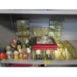 A collection of ornamental eggs and thimbles to include two Wedgwood Jasperware boxed examples, gilt