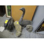 Mixed garden ornaments to include stoneware cats, geese and boots