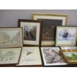 A quantity of prints, watercolours and an oil to include a pair of retro watercolours of London