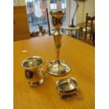 A Birmingham 2000 silver candlestick, together with a small silver tankard and a single footed salt