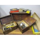 A vintage table top tool chest, two small boxes, mixed taps and dies and a vintage princeps box