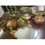 A mixed lot to include copper kettles, burr yew jewellery box, mantle clock, brass candlesticks