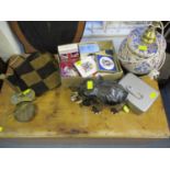 A vintage lot to include two suede handbags, commemorative items, newspapers, circa 1970s, a lamp
