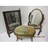 Two mahogany toilet mirrors and a gilt framed stool with a tapestry top