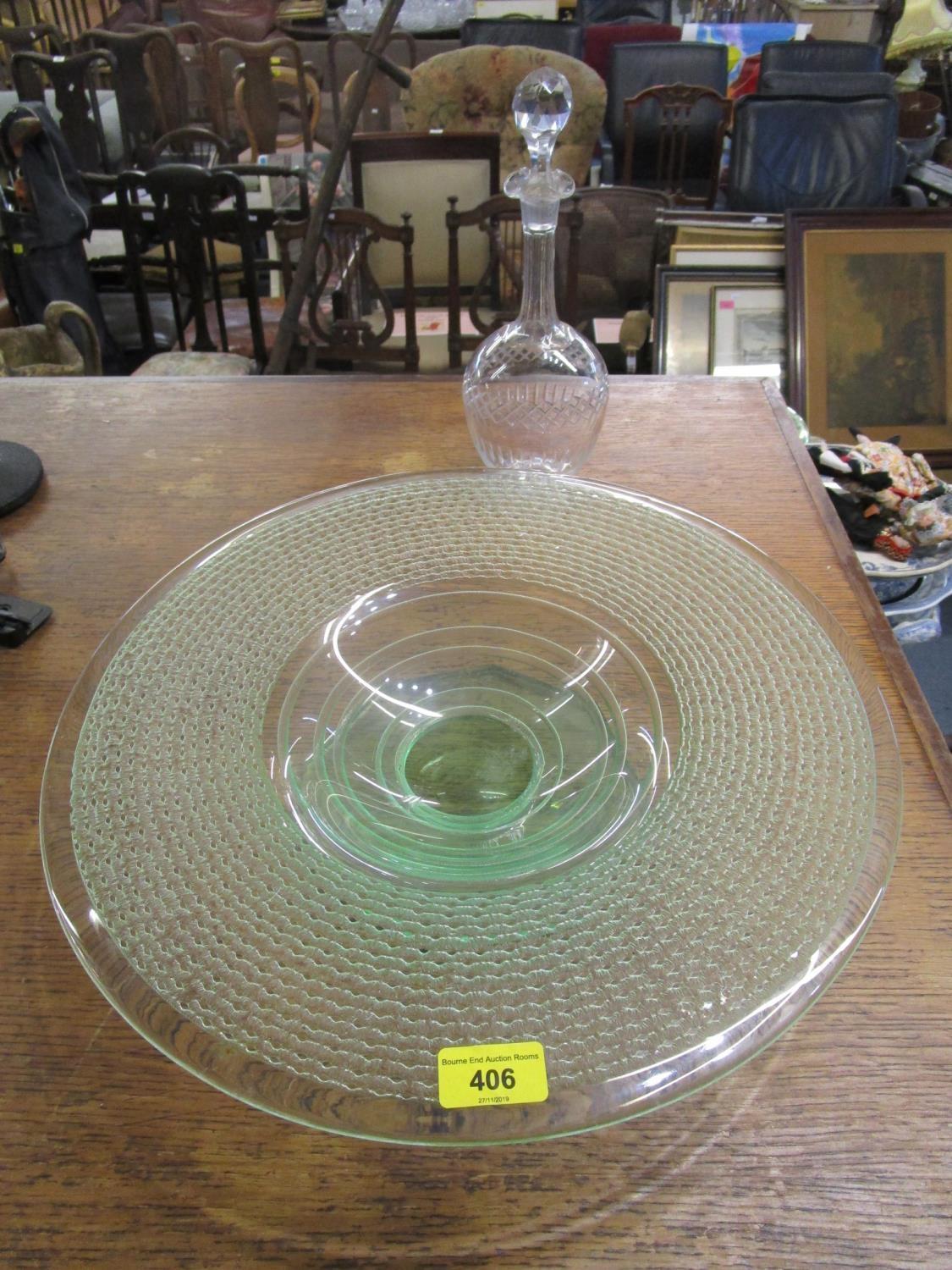 An Art Deco period glass fruit bowl, green tinted with acid etched circular band decoration on an