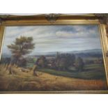 Westly - a rural scene with figures resting in a field with crop, a river and a cottage beyond,