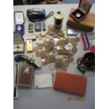 Mixed coins to include a 1921 crown, mixed lighters and other items to include enamelled badges