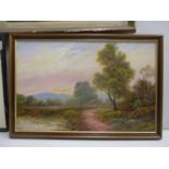 Wood - a rural scene with lake, trees and a path, oil on board, signed, framed