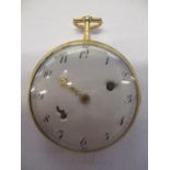 A late 18th/early 19th century French yellow metal verge pocket watch, having a white enamel dial,