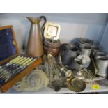 A Victorian copper jug, pewter tankards and a Chinese Kut Hing pewter Swatow pot with lid and