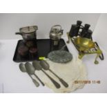 Brassware - Japanese silver plated teaware, binoculars, pewter spoons, doilies, lacquered ware and a