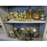 A quantity of silver plated items and various brass ornaments to include a Victorian four bottle