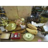 A mixed lot to include copper and brassware, pipes in a pipe rack, white metal lorgnettes and
