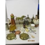 A Russian tankard, French glass pharmaceutical bottles with lids, pestle and mortar, mixed