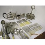 Silver plate to include abalone handled cutlery and flatware, a three piece teaset, a cruet stand