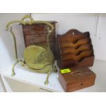 A mahogany miniature chest of drawers, a brass table gong, a mahogany money box, A/F and a