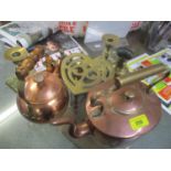 Copper and brass to include a kettle, a pair of cast candlesticks and other items