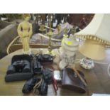 A mixed lot to include table lamps, Minolta binoculars, cameras and other items