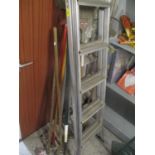 Two aluminium folding ladders, together with mixed garden tools