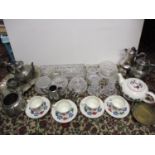 Vintage glass dressing table items, mixed metalware to include a silver plated coffee pot and a