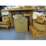 Two wicker boxes with carrying handles, picnic baskets, rugs and wall mirrors