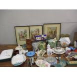 A Kaiser vase, vintage tins, three prints, vintage household items, postcards and ceramics