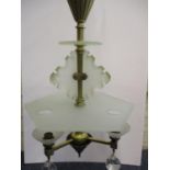 An Art Deco brass frosted clear and green glass lamp/chandelier with a brass stem and branches