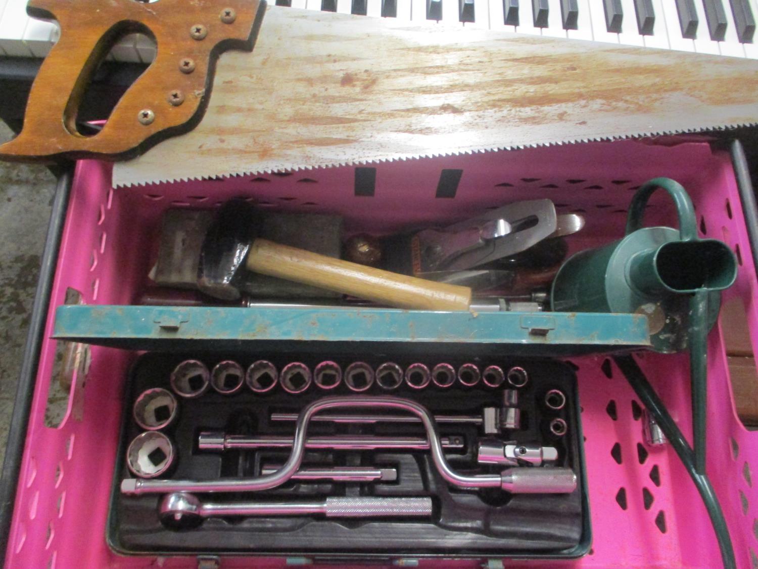 Mixed tools to include a socket set, a saw, a record plane and other items