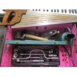 Mixed tools to include a socket set, a saw, a record plane and other items