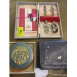 A Radley purse, a vintage Stratton compact, a nursery fork and spoon