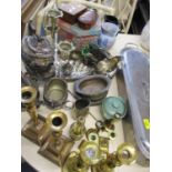 A quantity of silver plate and brassware to include brass candlesticks