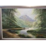 David James - a river valley scene with mountains in the background, oil on canvas, signed lower