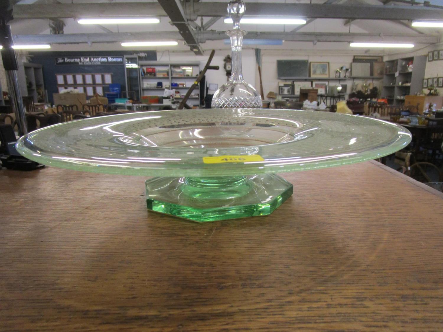 An Art Deco period glass fruit bowl, green tinted with acid etched circular band decoration on an - Image 2 of 2